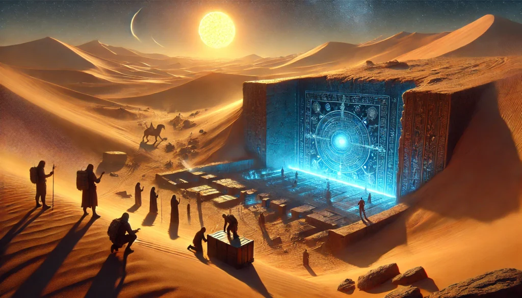 Archeologen werken rond een ondergrondse opening in een woestijn, bij een oude stad met muren die bedekt zijn met mysterieuze symbolen en blauwglinsterende technologie.