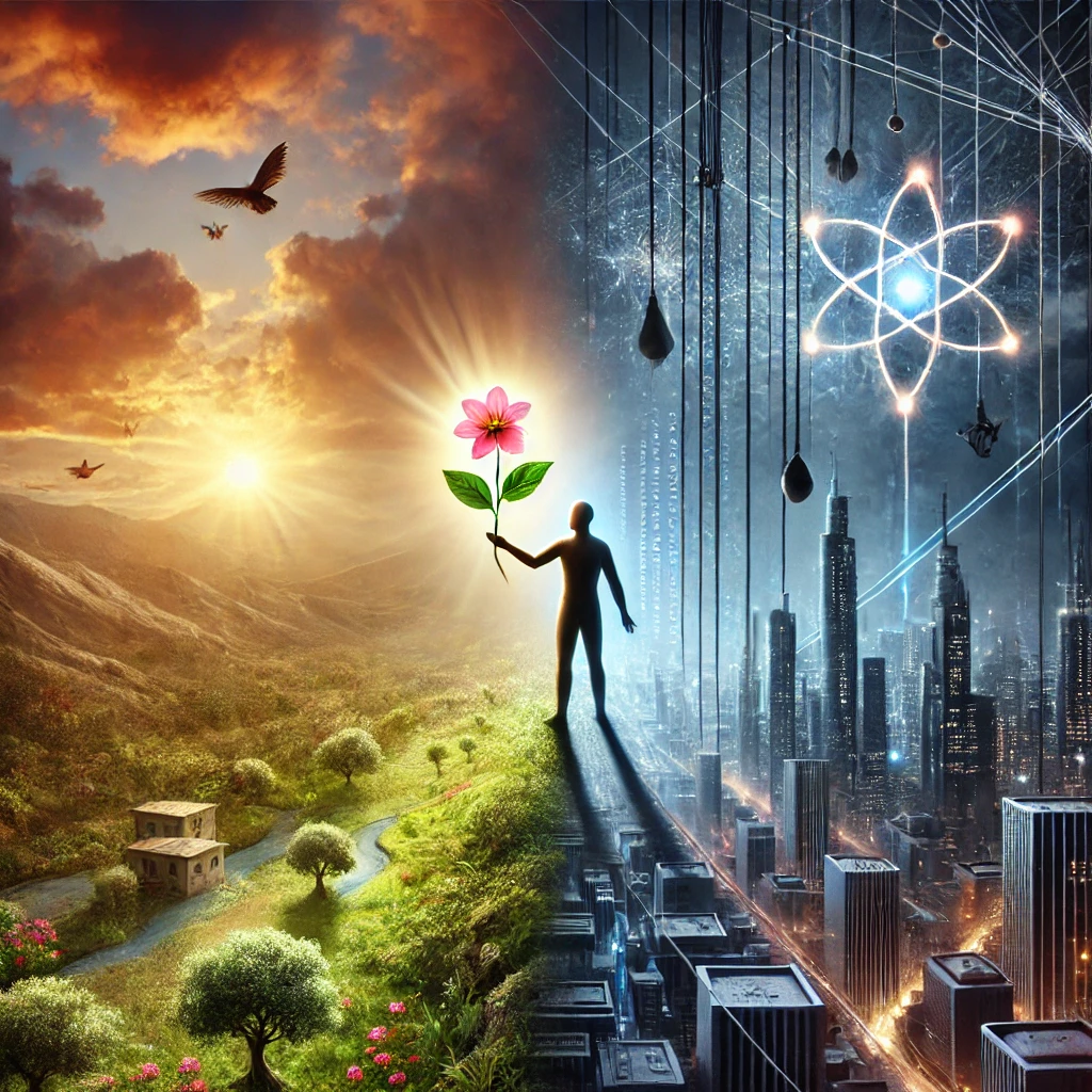 Een surrealistische afbeelding van een gespleten wereld met aan de ene kant een natuurlijke, levendige omgeving en aan de andere kant een donkere, mechanische stad. In het midden staat een persoon met een plant die licht uitstraalt, symboliserend de verbinding tussen vrijheid en controle.