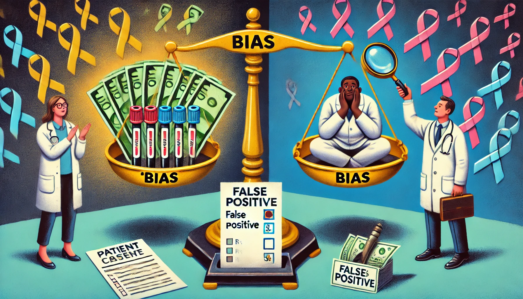 Cartoon van een weegschaal met 'Bias' aan één kant, gevuld met geld en positieve testresultaten, en 'Patiëntenzorg' aan de andere kant, met een gestreste patiënt. Een PCR-test met 'False Positive' staat centraal, terwijl een loep een rapport met 'Fouten' onderzoekt.