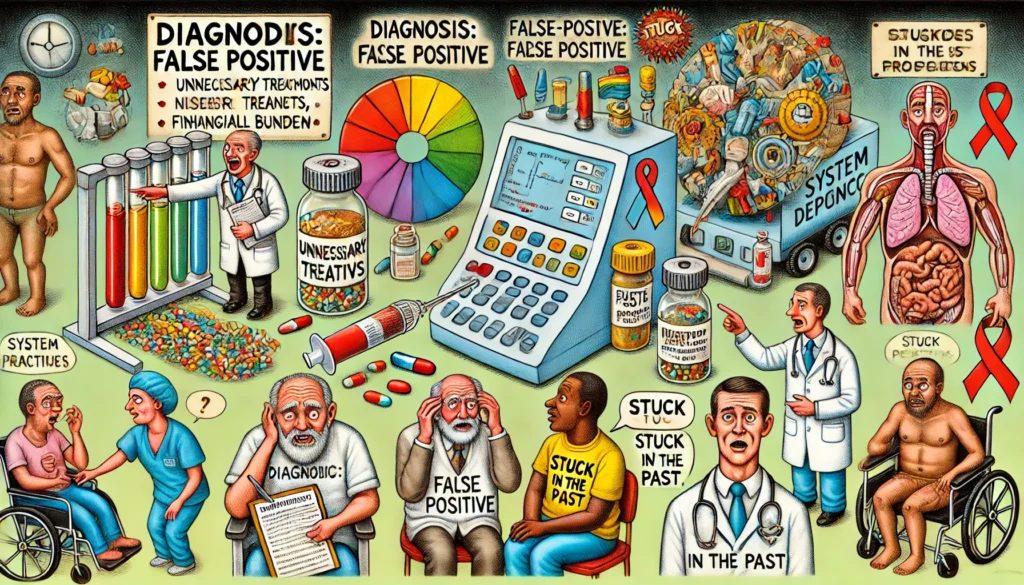 Cartoon die systeemafhankelijkheid in de gezondheidszorg toont: patiënten met valspositieve HIV-diagnoses krijgen onnodige behandelingen; zorgverleners zijn gevangen in protocollen; en middelen worden verspild op onnodige therapieën.