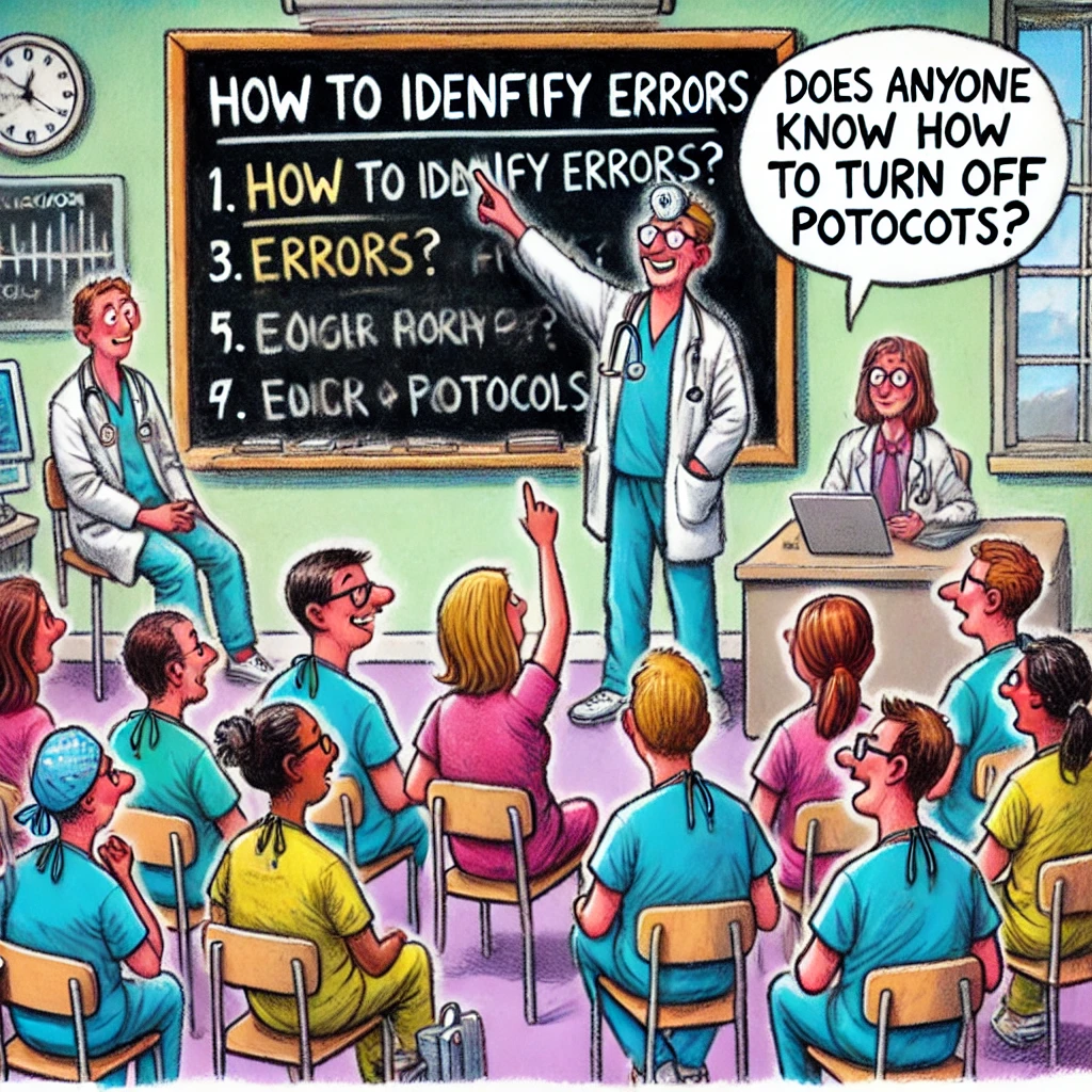 Cartoon van een klaslokaal met een bord waarop 'Hoe fouten te herkennen' staat geschreven. Een arts in het publiek vraagt: 'Weet iemand hoe ik protocollen uit kan zetten?' terwijl een leraar lesgeeft aan zorgverleners.
