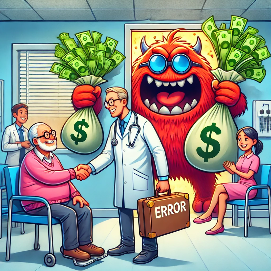 Cartoon van een dokter en patiënt die elkaar de hand schudden. Op de achtergrond stormt een boos 'foutmonster' met koffers vol geld de kamer uit, terwijl anderen glimlachen en vieren.