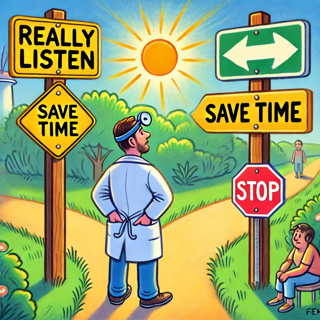 Cartoon van een arts bij een splitsing. Het bord 'Echt Luisteren' wijst naar een zonnig pad, terwijl 'Tijd Besparen' naar een kortere route wijst. De arts kijkt met een zucht naar 'Echt Luisteren,' terwijl een patiënt hoopvol toekijkt.