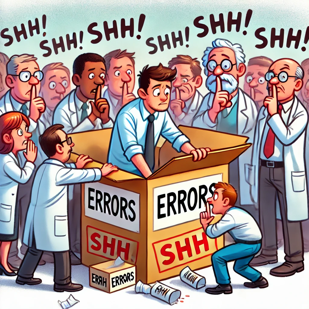 Cartoon van een onderzoeker die probeert een doos met het label 'Fouten' te openen, terwijl anderen nerveus de doos dicht proberen te houden en 'Shh!' fluisteren.