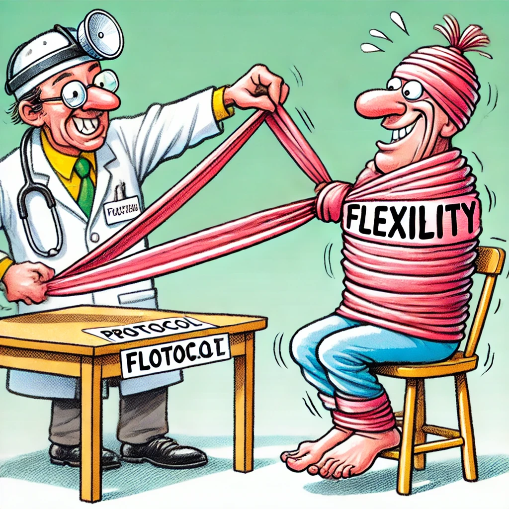 Cartoon van een arts die een stijf protocol vastmaakt aan een elastische band met het label 'Flexibiliteit,' terwijl een patiënt opgelucht toekijkt.
