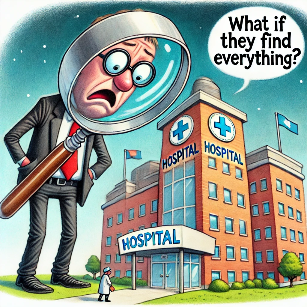 Cartoon van een enorme loep die boven een ziekenhuis zweeft en het gebouw inspecteert. De ziekenhuisdirecteur kijkt angstig omhoog en zegt: 'Wat als ze alles vinden?