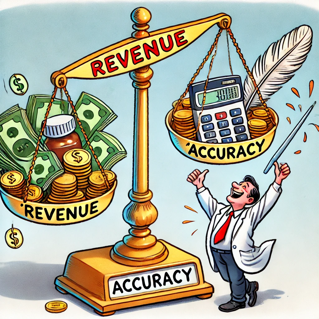 Cartoon van een weegschaal met 'Inkomsten' zwaar beladen met geld en goud, terwijl 'Nauwkeurigheid' wordt weergegeven door een licht veertje. Een laborant juicht bij de kant van de inkomsten.