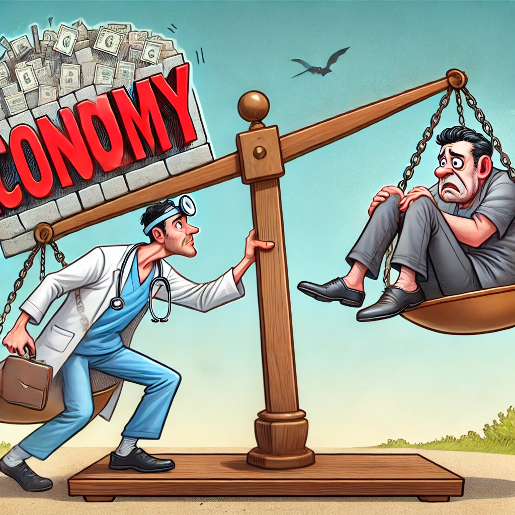 Cartoon van een arts die een grote muur met het label 'Economie' probeert te balanceren op een weegschaal, terwijl een patiënt bungelt aan de andere kant en er bezorgd uitziet.