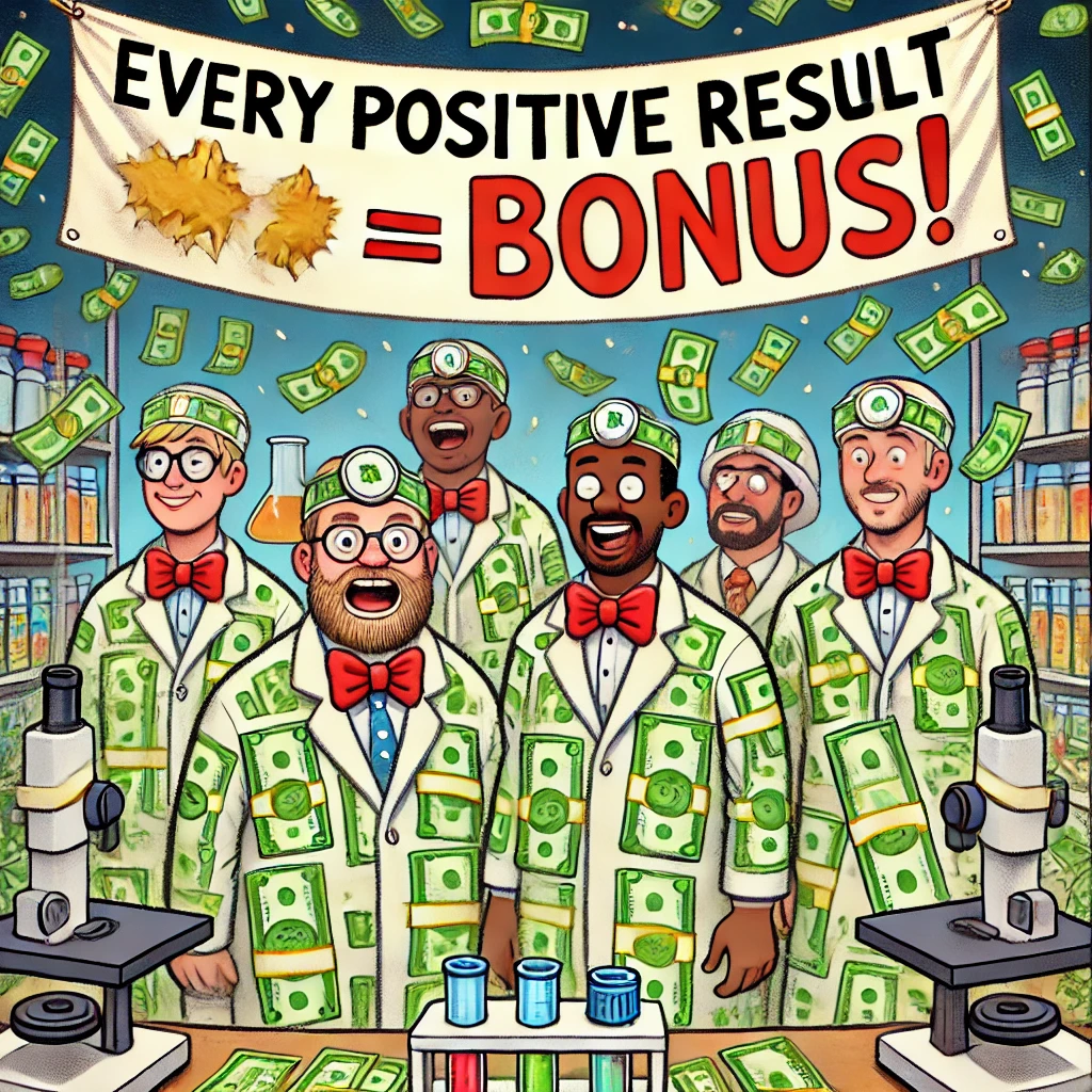 Cartoon van laboratoriummedewerkers die labjassen dragen gemaakt van geld. Een banner boven hen zegt: 'Elke Positieve Uitslag = Bonus!' Ze zien er enthousiast uit, omringd door testapparatuur en contant geld.