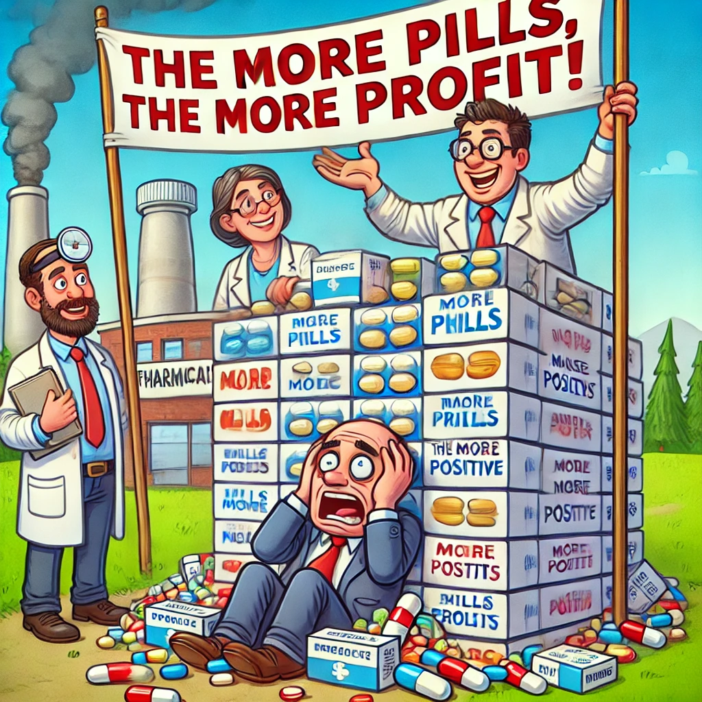 Cartoon van een farmaceutisch bedrijf met een banner die zegt: 'Hoe meer pillen, hoe meer winst!' Een patiënt wordt bedolven onder stapels medicijndozen terwijl vertegenwoordigers vrolijk toekijken.