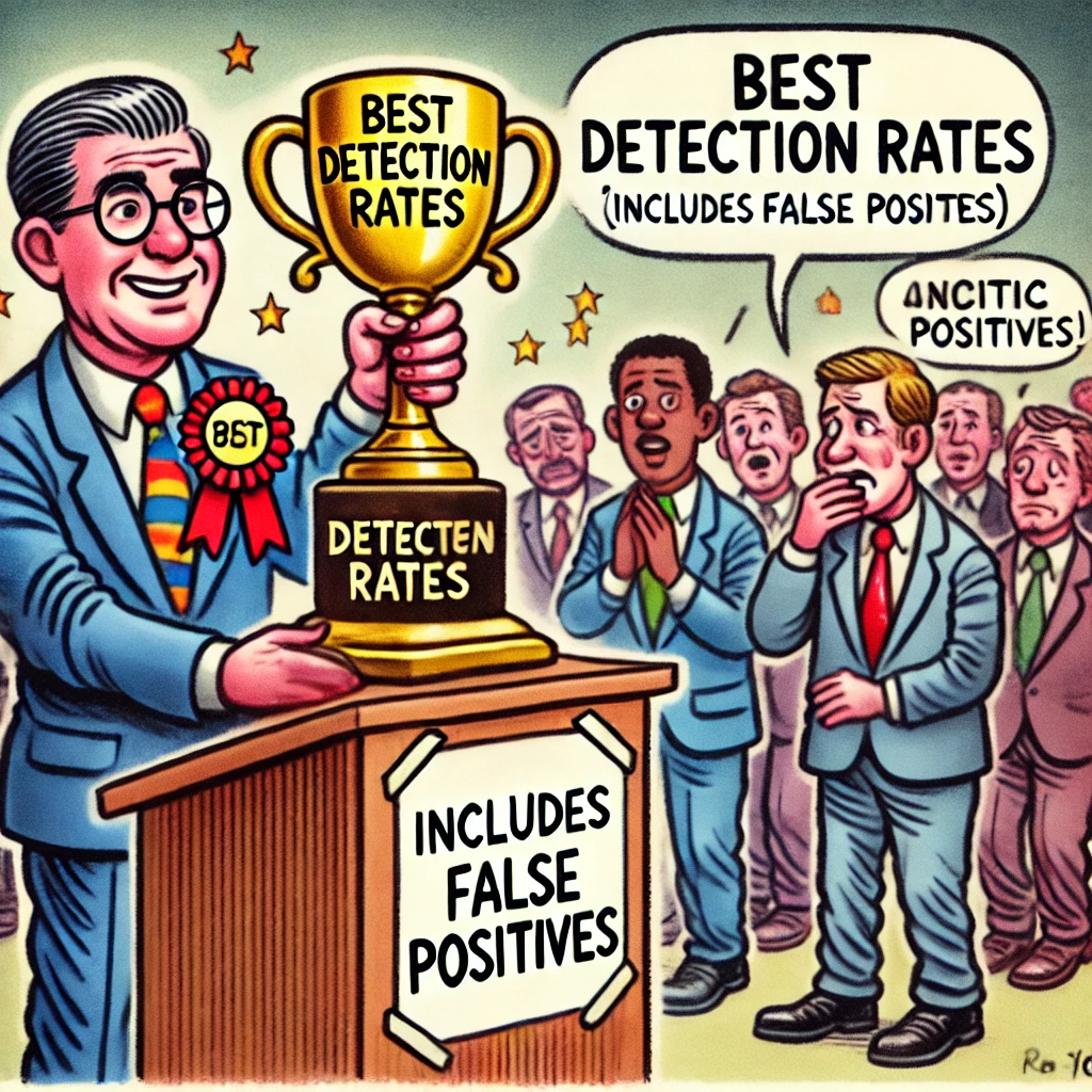 Cartoon van een politicus die een trofee ontvangt met de tekst 'Beste Detectiecijfers,' terwijl in kleine lettertjes 'Inclusief valspositieven' staat. Omstanders kijken sceptisch en fluisteren onderling.