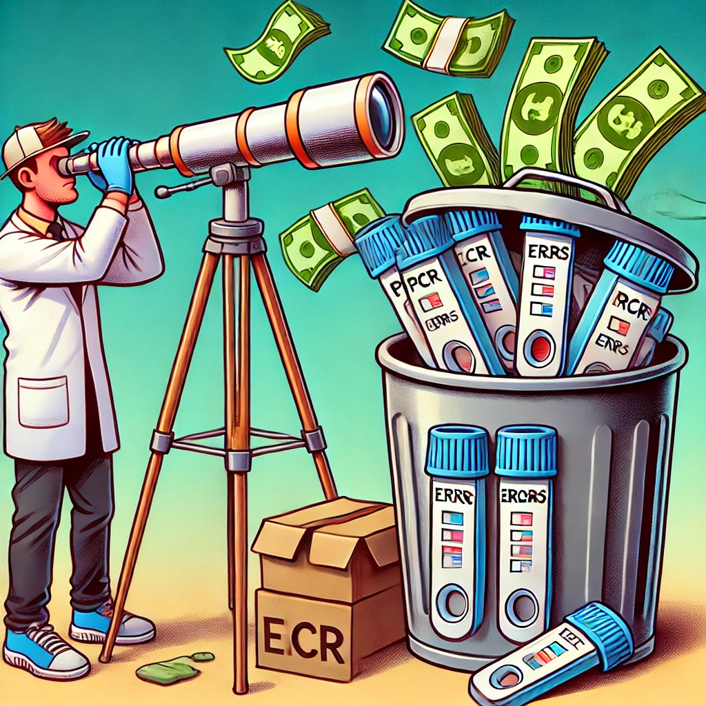 Cartoon van een onderzoeker die met een telescoop naar een stapel geld kijkt in de verte, terwijl hij PCR-testen met het label 'Fouten' in een prullenbak gooit.