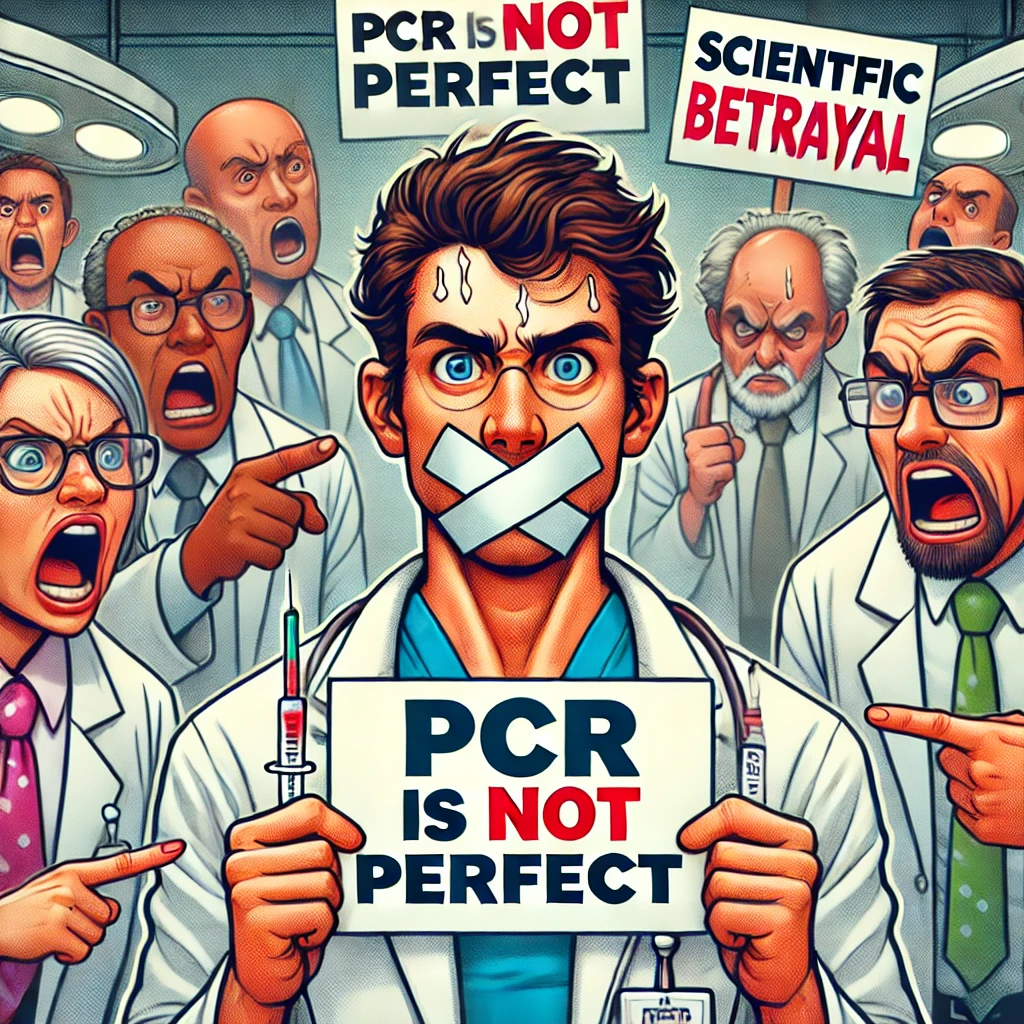 Cartoon van een arts met tape over de mond die een bord vasthoudt met de tekst 'PCR is niet perfect,' omringd door boze collega's met borden die 'Wetenschapsverraad' zeggen.