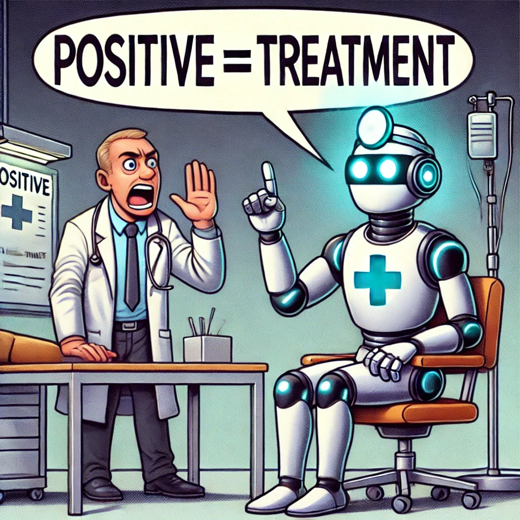 Cartoon van een robotdokter die monotonen zegt: 'POSITIEF = BEHANDELING,' terwijl een menselijke arts zijn hand opsteekt om in te grijpen maar wordt genegeerd.