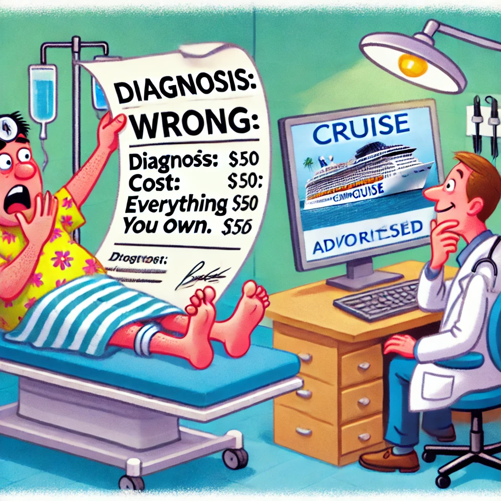 Cartoon van een patiënt in een ziekenhuisbed met een rekening waarop staat: 'Diagnose: Fout. Kosten: Alles wat u bezit.' Een arts zit zorgeloos achter een computer en klikt op een cruise-advertentie.