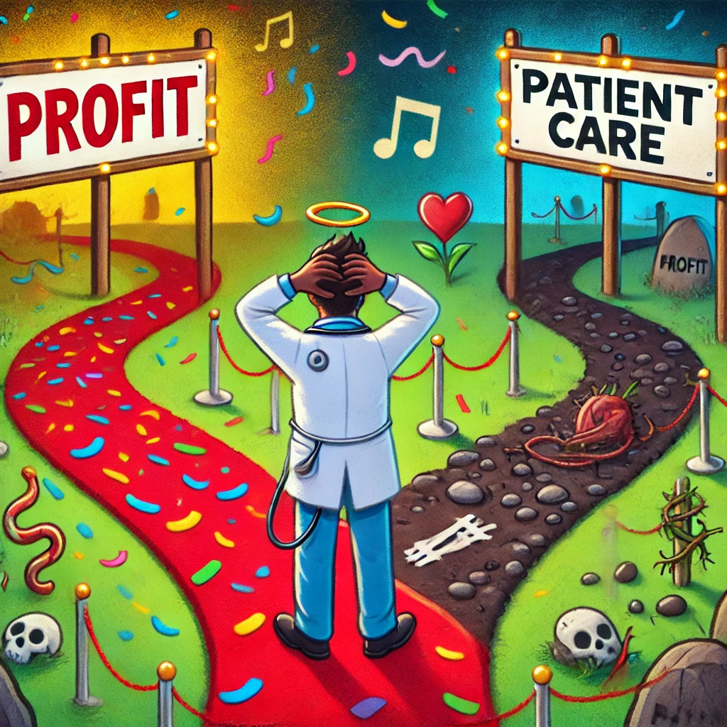Cartoon van een zorgverlener die voor een splitsing staat. Het pad naar 'Winst' heeft een rode loper en confetti, terwijl het pad naar 'Patiëntenzorg' donker en vol obstakels is.