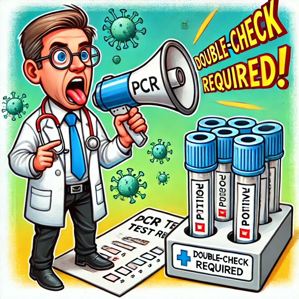 Cartoon van een arts die door een megafonelens kijkt naar een PCR-test met de tekst 'POSITIEF.' Naast de test staat een klein bordje met 'Dubbelcheck nodig,' dat door de arts wordt genegeerd.