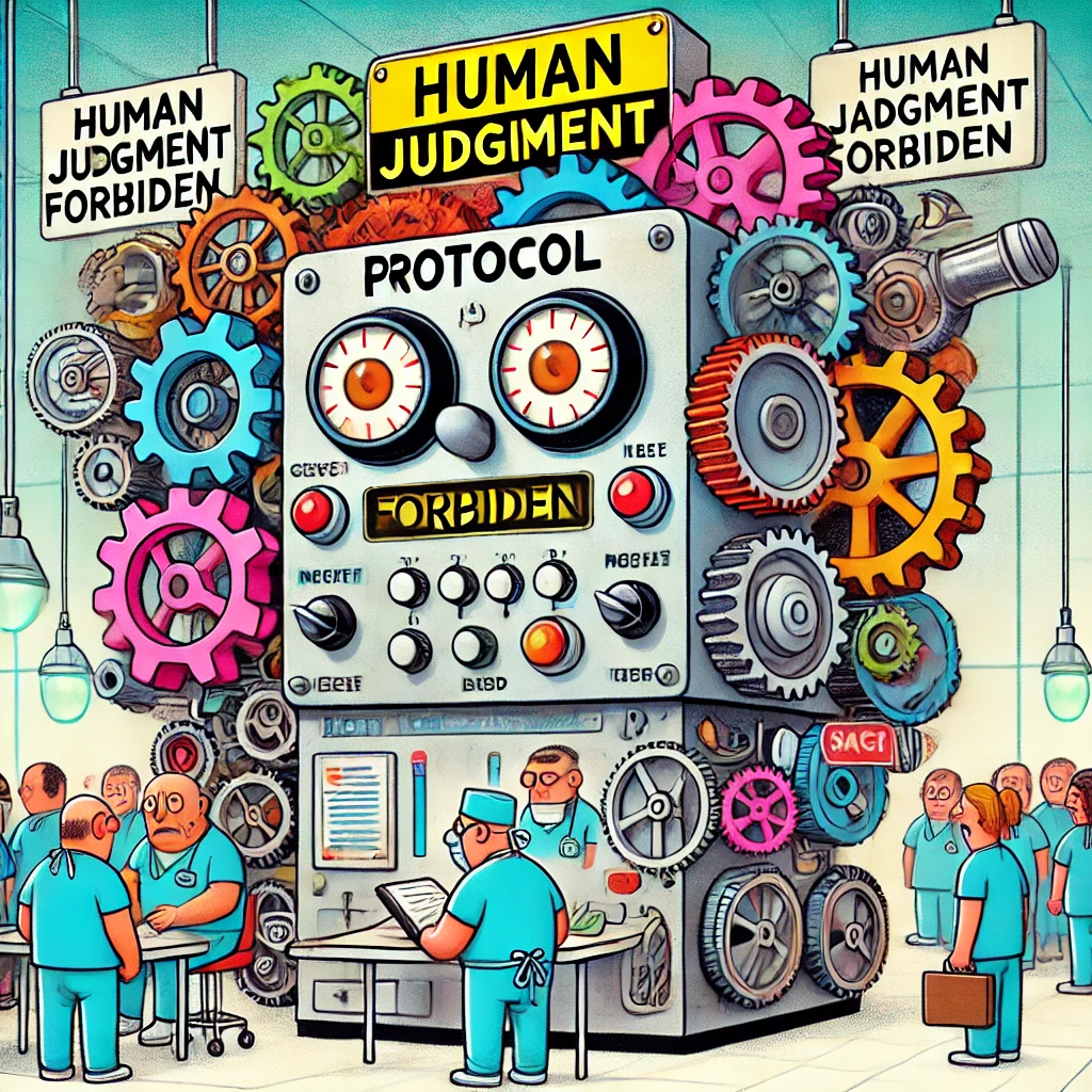 Cartoon van een ziekenhuis bestuurd door een grote, complexe protocolmachine met tandwielen en pijpen. Artsen en verpleegkundigen staan angstig bij een bord met de tekst 'Menselijk oordeel verboden.