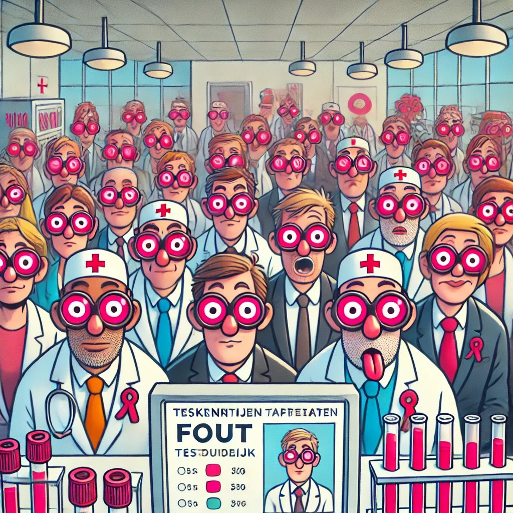 Cartoon van een ziekenhuis waar mensen testresultaten bekijken door roze glazen. De resultaten zijn duidelijk gemarkeerd als 'FOUT,' maar de bias-brillen laten ze er positief uitzien.