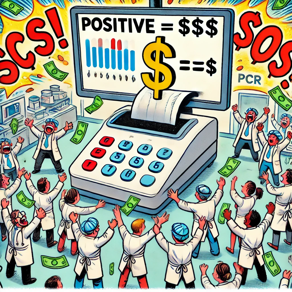 Cartoon van een laboratorium met artsen die juichen terwijl ze een kassa bedienen. Een computerscherm toont een PCR-testresultaat met de tekst 'POSITIEF = $$$' in grote letters.