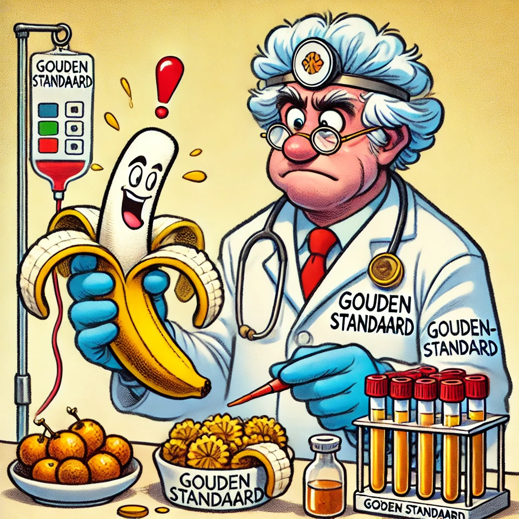 Cartoon van een dokter die een 'gouden standaard'-stempel in de ene hand en een PCR-test in de andere hand houdt, terwijl hij een stapel bananen stempelt. Een nerveuze patiënt kijkt toe met een bezorgde blik.