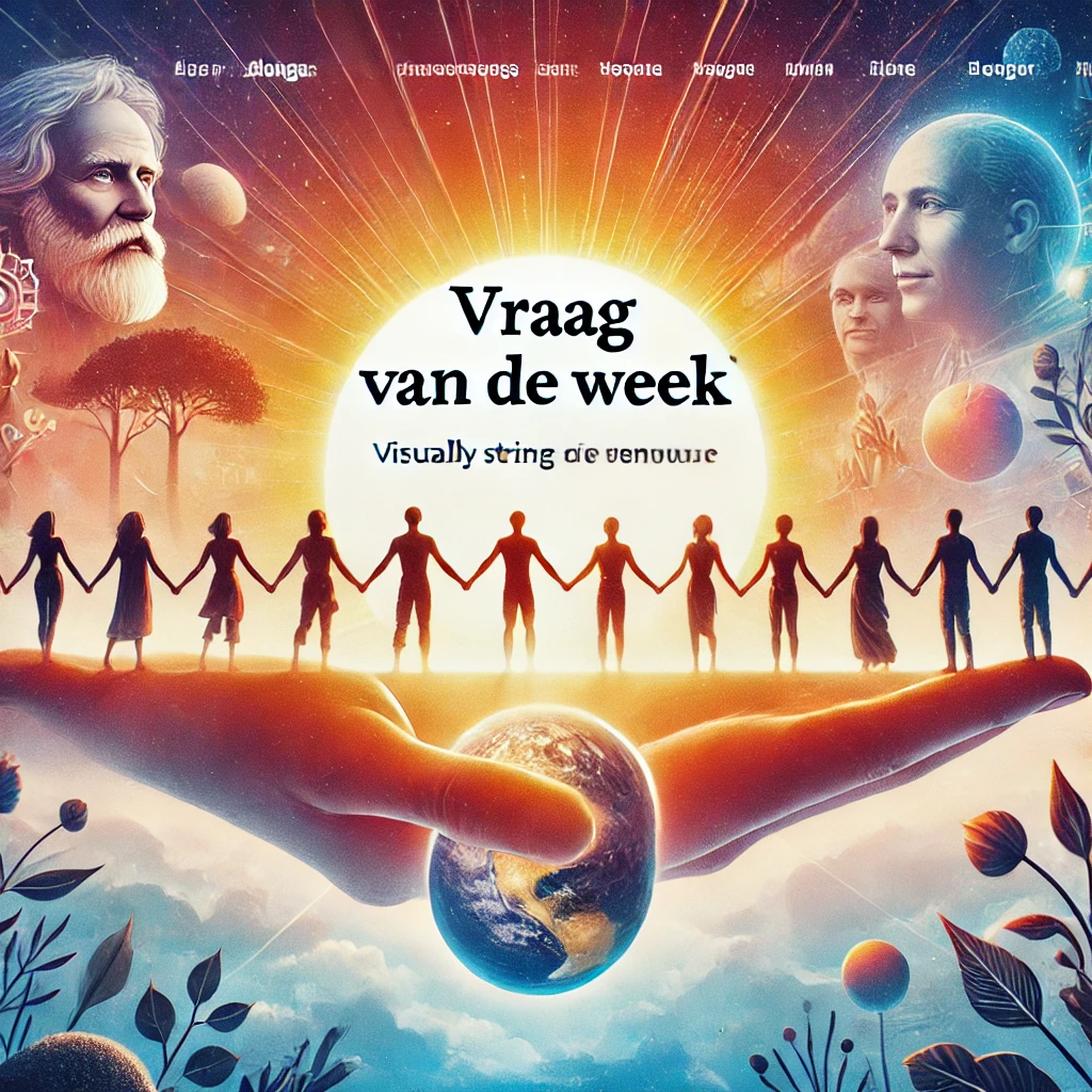 Uitgelichte afbeelding met de tekst "Vraag van de week" over een serene zonsopgang en een diverse groep mensen hand in hand, symboliserend waarden, inclusiviteit en samenwerking.