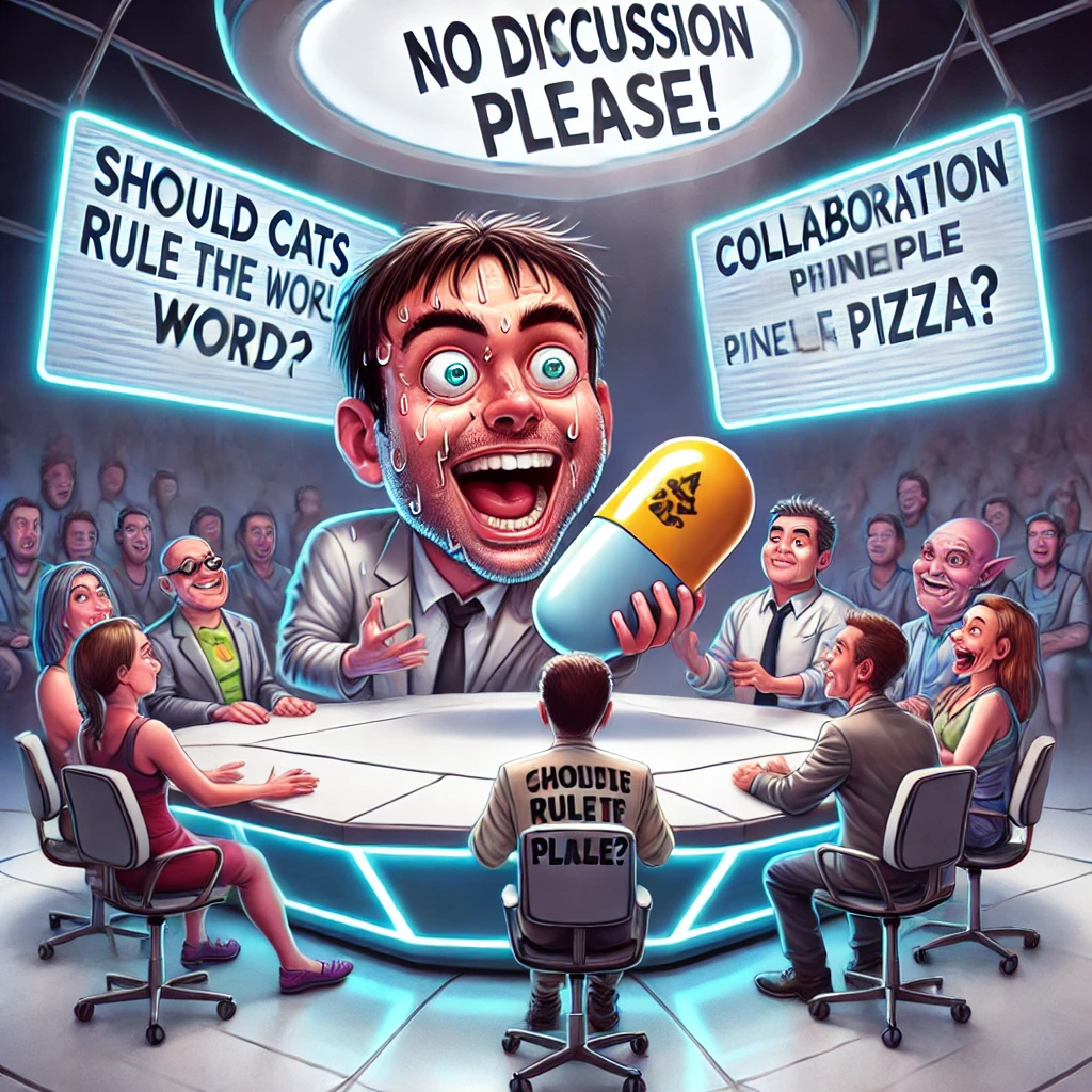 Cartoonachtige afbeelding van een futuristische discussie met een zenuwachtige persoon die een bord vasthoudt met 'No Discussion Please!', terwijl een andere persoon hen een gigantische 'Collaboration Pill' overhandigt. Op de achtergrond zweven grappige debatthema’s zoals 'Should Cats Rule the World?' en 'Pineapple on Pizza?'.