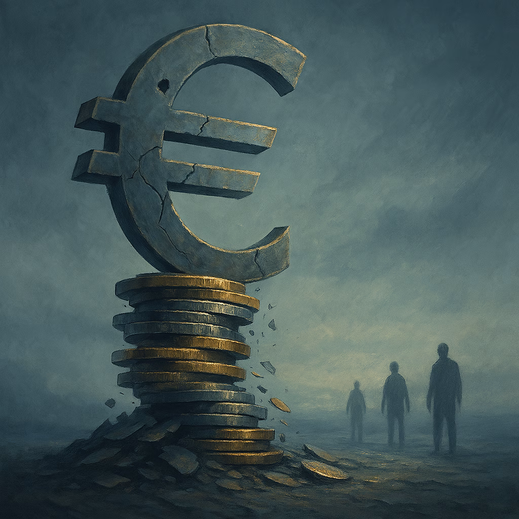 Wankelend euroteken op afbrokkelende stapel munten met mensen op de achtergrond