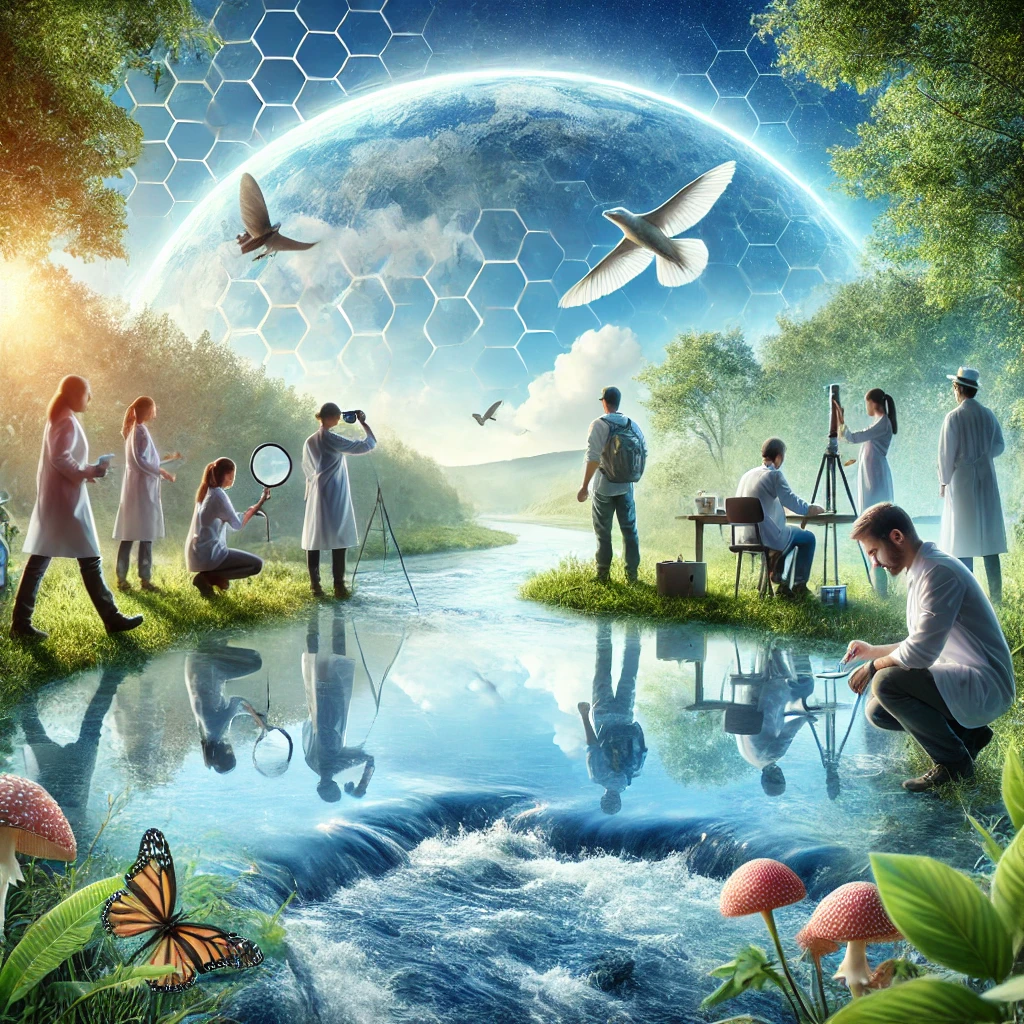 Een team van milieuwetenschappers, vrijwilligers en natuurbeschermers werkt samen om een waterweg te beheren en de waterkwaliteit te controleren. De omgeving toont een schone rivier omringd door groene natuur.