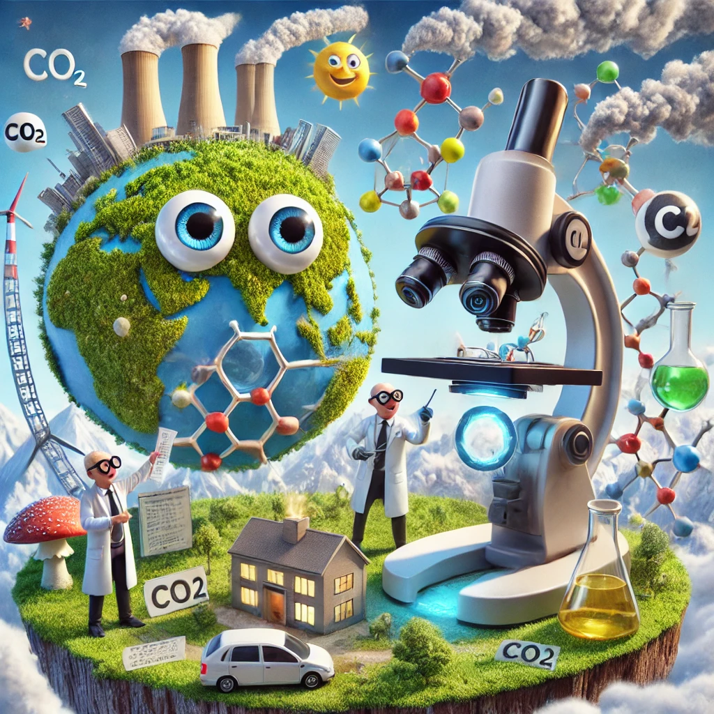 Wetenschappers analyseren een gigantisch CO₂-molecuul onder een futuristische microscoop, terwijl aromatische chemische structuren rondzweven en interageren met industriële rookuitstoot. Op de achtergrond toont een wereldbol zowel vervuiling als groen herstel, symboliserend de impact van klimaatbeleid.