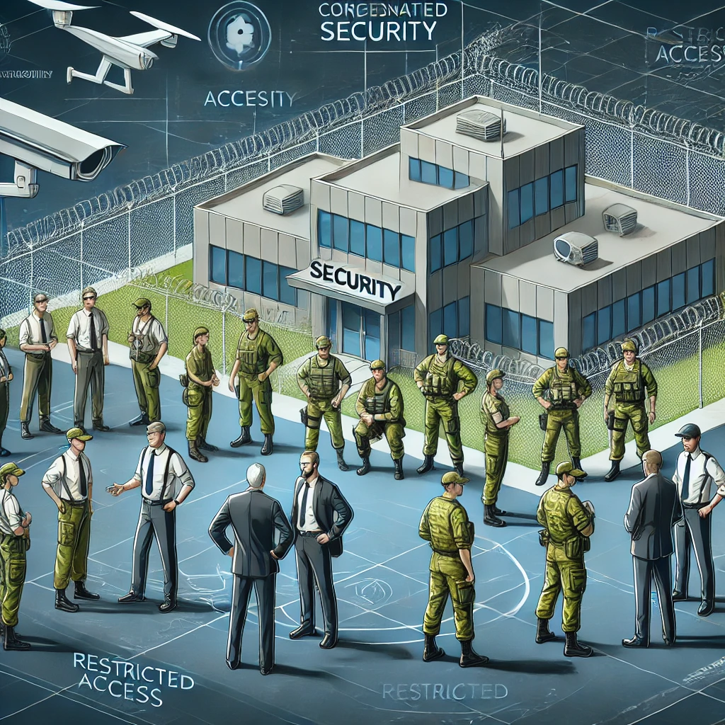 Een professionele en veilige omgeving waarin veiligheidsexperts, militaire functionarissen en gemeenschapsvertegenwoordigers samenwerken aan de coördinatie van veiligheidsmaatregelen rond een militair object.