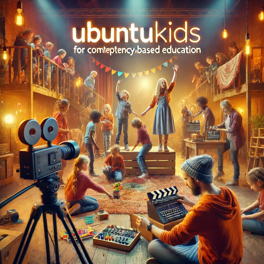 Kinderen en docenten werken samen in een theater- en filmworkshop, met scènes op een klein podium en een camera-operator die een opname maakt. De sfeer straalt creativiteit, samenwerking en expressie uit.