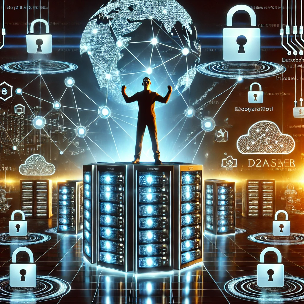 Futuristisch digitaal netwerk met een persoon die een eigen Matrix P2P-server opzet, omringd door versleutelde gegevensstromen en privacy-iconen.