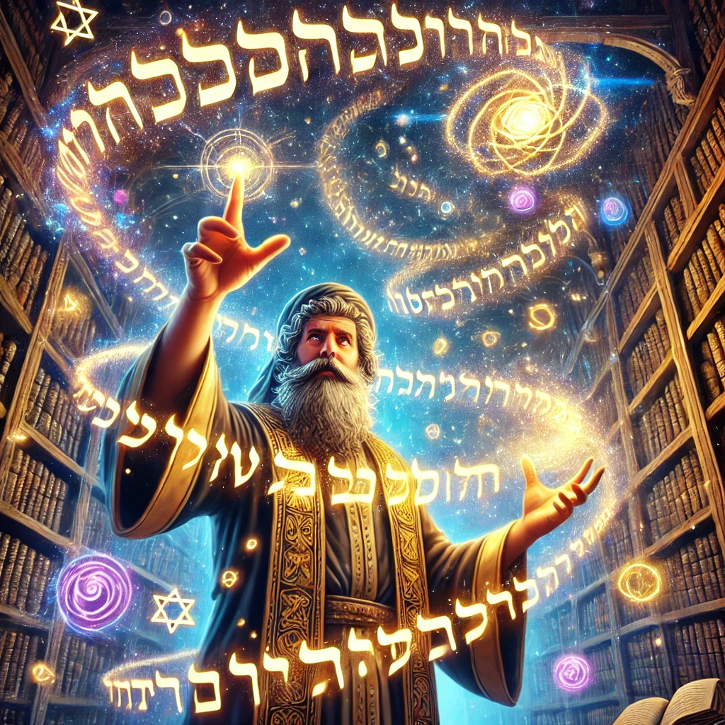Een hyperrealistische cartoonillustratie van een oude Rabbi in een mystieke bibliotheek. Hij werpt gloeiende Hebreeuwse woorden de lucht in, die zich vormen tot "Abracadabra" en kleine planeten, sterren en levensvormen creëren. Oude boekrollen zweven om hem heen te midden van magische en kosmische energie.