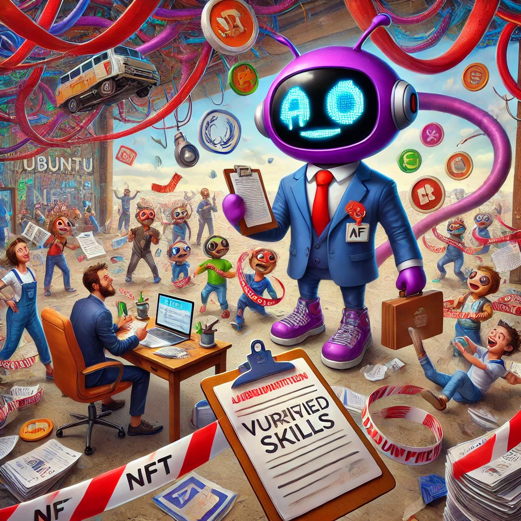 Een humoristische en ironische cartoonstijlafbeelding waarin UbuntuAppie, een AI-chatbot in pak, een groep chaotische deelnemers interviewt. Sommigen jongleren met badges zoals 'Competence' en 'Innovation', terwijl anderen verstrikt raken in bureaucratische rode tape. Op de achtergrond probeert een werkgroep een duurzaam project op te zetten, maar eindigt in een wirwar van kabels en papierwerk.