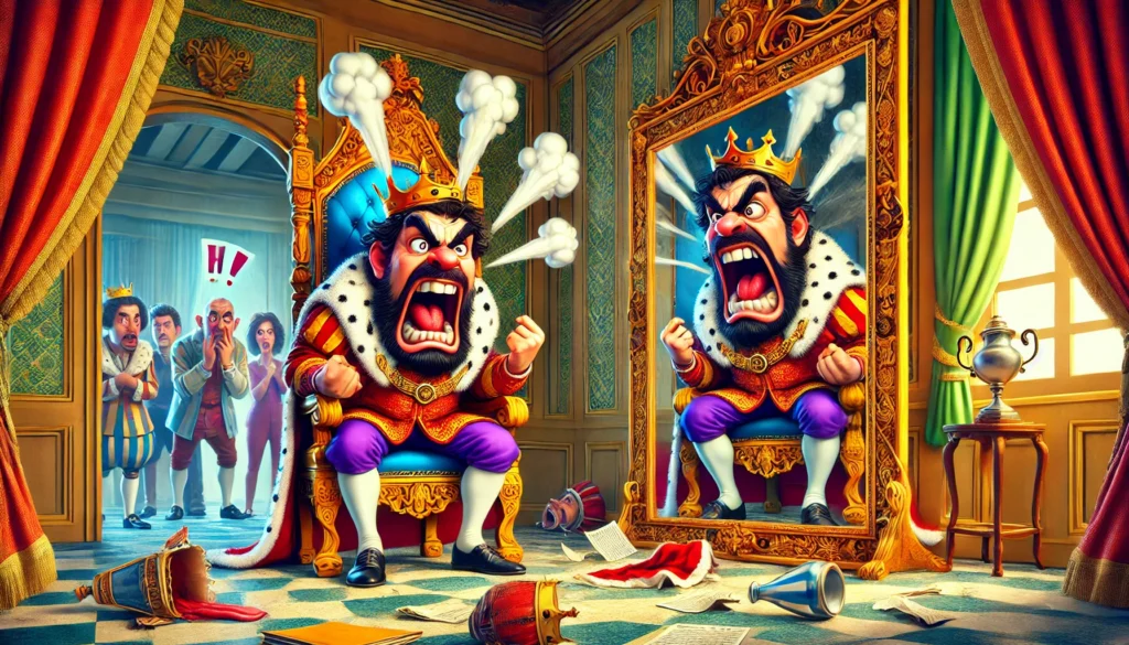 Een koning zit stiekem op zijn troon en schreeuwt woedend naar een spiegel, terwijl het spiegelbeeld net zo woedend terugschreeuwt. Dramatische stoom komt uit de oren van zowel de koning als het spiegelbeeld. De troonzaal is chaotisch, met een omgevallen vaas en rondvliegende papieren als bewijs van de uitbarsting. Op de achtergrond gluren paleismedewerkers nerveus door de deur, sommigen geschokt en anderen gniffelend.