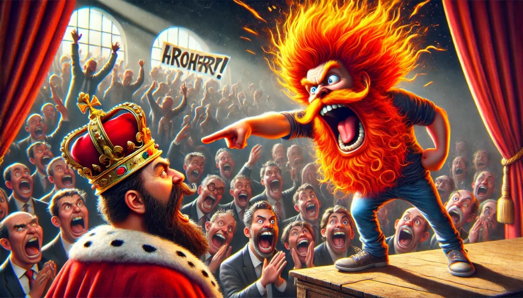 Een roodharige man met een gigantische vurige baard schreeuwt krachtig terug naar een boze koning op een podium. De kroon van de koning vliegt dramatisch van zijn hoofd door de kracht van de schreeuw. Achter de roodharige man lacht een menigte hysterisch, sommigen houden spottende borden vast terwijl anderen klappen of wijzen.