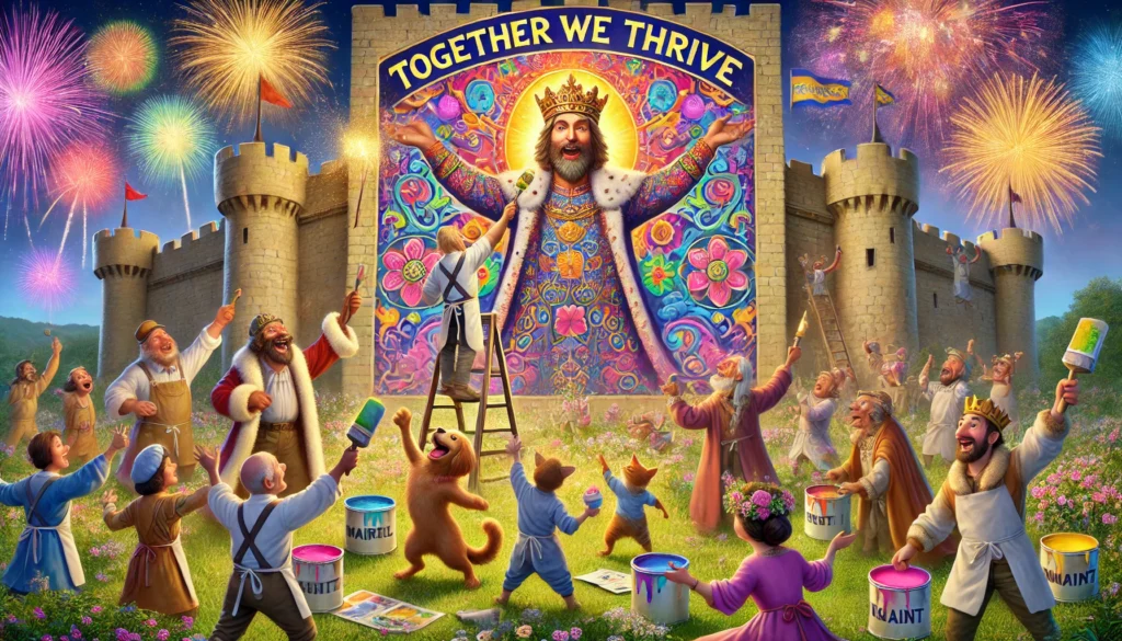 De koning en zijn volk vieren hun voltooide muurschildering op de kasteelmuur, een kleurrijk meesterwerk met bloemen, patronen en de tekst "Together We Thrive." De koning staat trots in het midden met een penseel als trofee, terwijl de villagers juichen en dieren dansen. Een hond balanceert een verfbucket op zijn hoofd, en een kat zwaait met een kleine vlag. Vuurwerk verlicht de lucht.