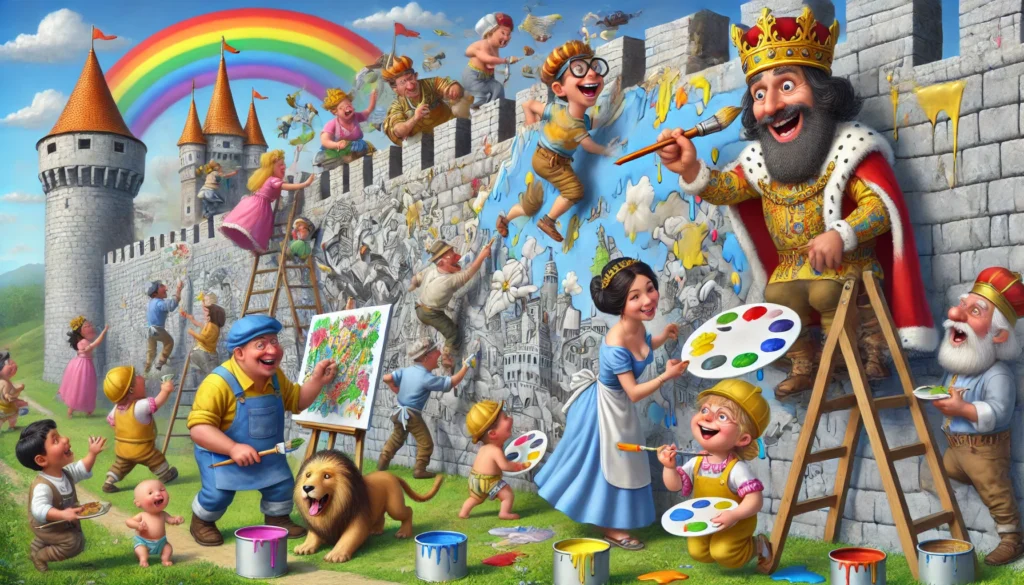 De koning, zijn volk, en dieren werken samen aan een gigantische muurschildering op de kasteelmuur. De koning houdt nerveus een penseel vast terwijl een kind naast hem lacht en hem corrigeert. Villagers schilderen vrolijke patronen, en een hond en kat dragen verfbuckets, waarbij ze overal verf morsen. Een regenboog overspant de lucht en iedereen straalt van vreugde.