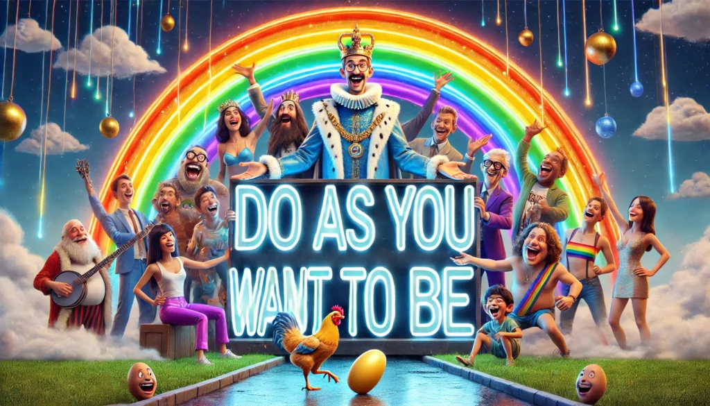 De koning en zijn volk houden samen een gigantisch, gloeiend neonbord vast met de tekst "DO AS YOU WANT IT TO BE." De koning staat in het midden, met een ongemakkelijke glimlach, terwijl hij één kant van het bord vasthoudt. Zijn diverse en vrolijke onderdanen ondersteunen enthousiast de andere kant. Een regenboog overspant de lucht, terwijl een kip komisch een gouden ei legt aan de voeten van de koning.