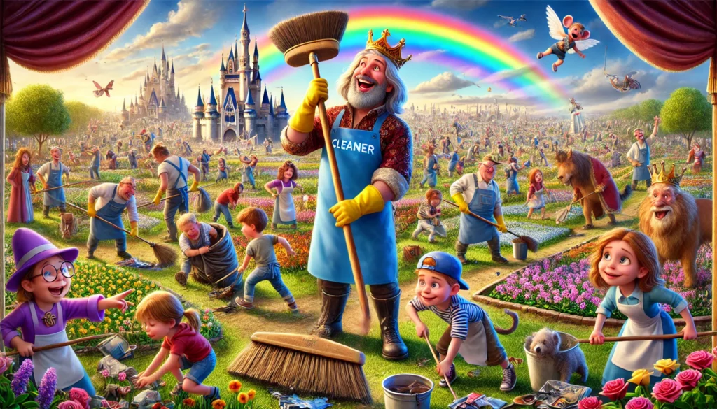 Het hele koninkrijk werkt samen om een groot veld schoon te maken. De koning, in een schort, veegt met een gigantische bezem naast zijn volk. Kinderen planten bloemen, volwassenen schilderen muren, en dieren helpen mee, met een hond die een vuilniszak draagt en een kat met een stoffer en blik. De lucht is helder met een regenboog, en iedereen straalt van vreugde.