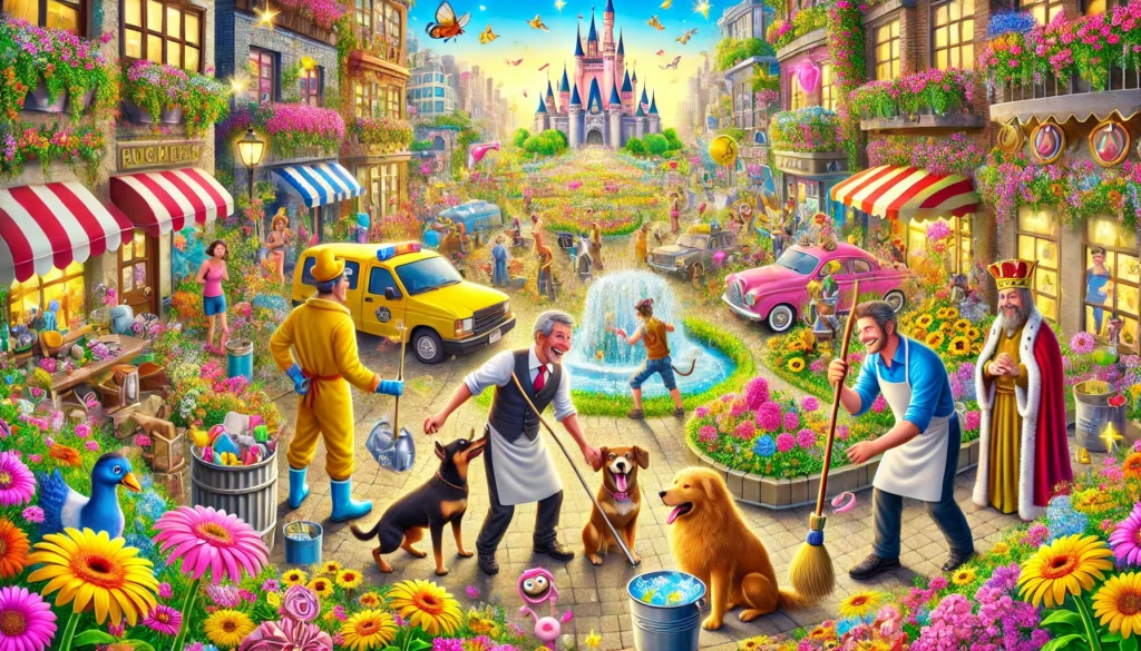 Een getransformeerd koninkrijk gevuld met geluk en harmonie, met bloeiende bloemen en brandschone straten. Mensen helpen elkaar vrolijk, een voormalig boze man geeft een warme knuffel aan een vreemdeling, en een hond en kat werken samen om afval op te ruimen. Op de achtergrond staat de koning op een balkon, trots glimlachend naar het tafereel.