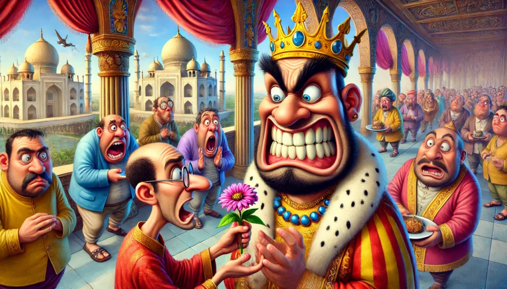 Een boze koning probeert met een geforceerde glimlach vriendelijk te zijn in zijn paleis door een bloem aan een verbaasde bediende te geven. De bediende kijkt hem geschokt aan, terwijl andere personeelsleden verstopt achter gordijnen en pilaren meekijken, sommige laten schalen vallen van verbazing.