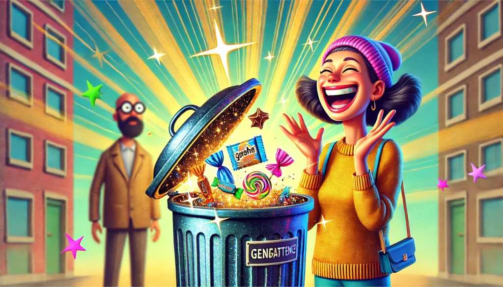 Een vrouw met een tevreden glimlach gooit een snoepverpakking in een overdreven glimmende prullenbak die straalt alsof het een schatkist is. Achter haar staat een verbaasde voorbijganger met een gigantisch vraagteken boven zijn hoofd.