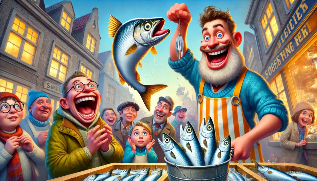 Een vrolijke visboer in een overdreven grote schort gooit een glimmende haring naar een verbaasde klant. De haring lijkt lachend en met zwaaiende vinnen door de lucht te vliegen, terwijl de klant met grote ogen klaarstaat om hem te vangen. Op de achtergrond lacht een menigte terwijl een andere vis uit een emmer springt.