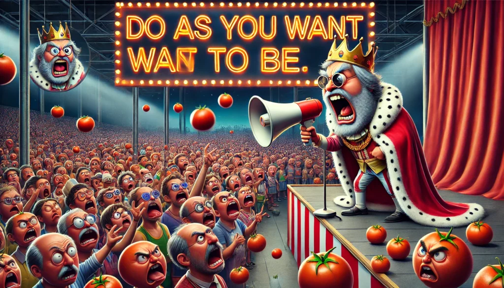 Een overdreven boze koning staat op een groot podium met een gigantische megafoon, schreeuwend naar een ongeïnteresseerde menigte. De menigte houdt tomaten vast, waarvan sommige al in de lucht vliegen richting de koning. Boven het podium hangt een fel neonbord met de tekst "DO AS YOU WANT IT TO BE."