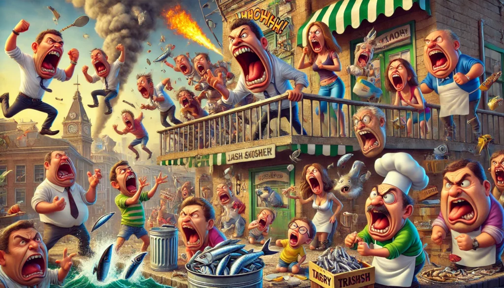 Een kleurrijke en chaotische cartoonstad waarin boze mensen elkaar afsnauwen. Een visboer gooit herringen naar klanten, kinderen trappen vuilnis in de lucht, en een hond probeert een prullenbak op te eten. Op een balkon schreeuwt een koning woedend naar het volk, met stoom die uit zijn oren komt.