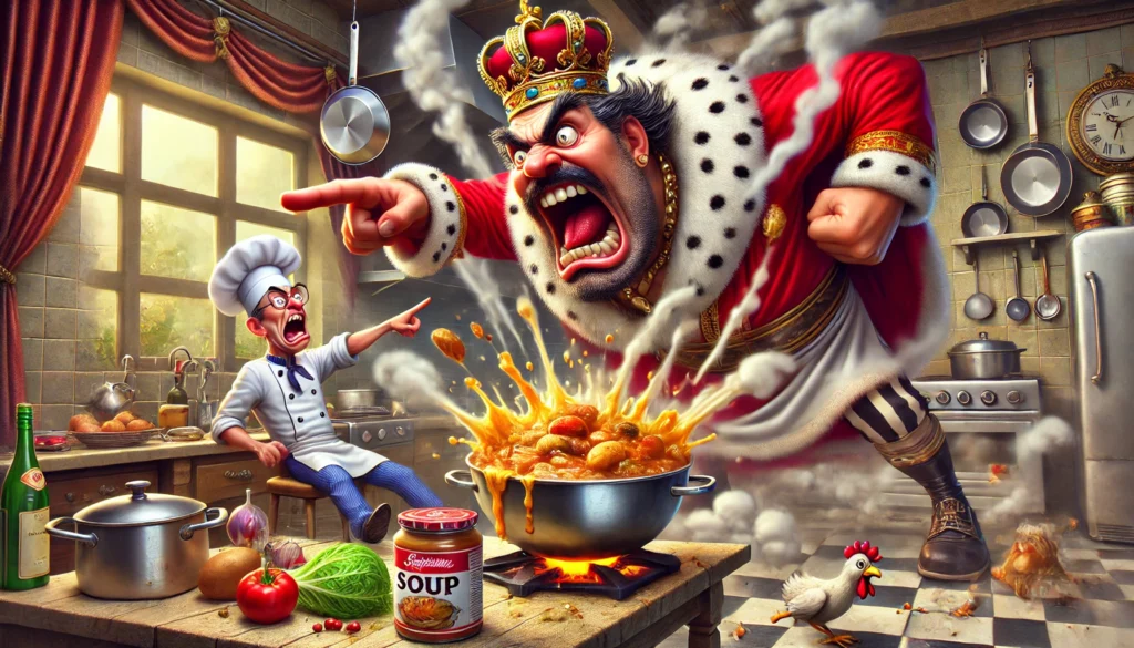 Een woedende koning in een koninklijke keuken wijst dramatisch naar een trillende kok die een dampende kom soep vasthoudt. De keuken is chaotisch, met vliegende potten en pannen, een paniekerige kip die over het aanrecht rent, en overal gemorste ingrediënten.