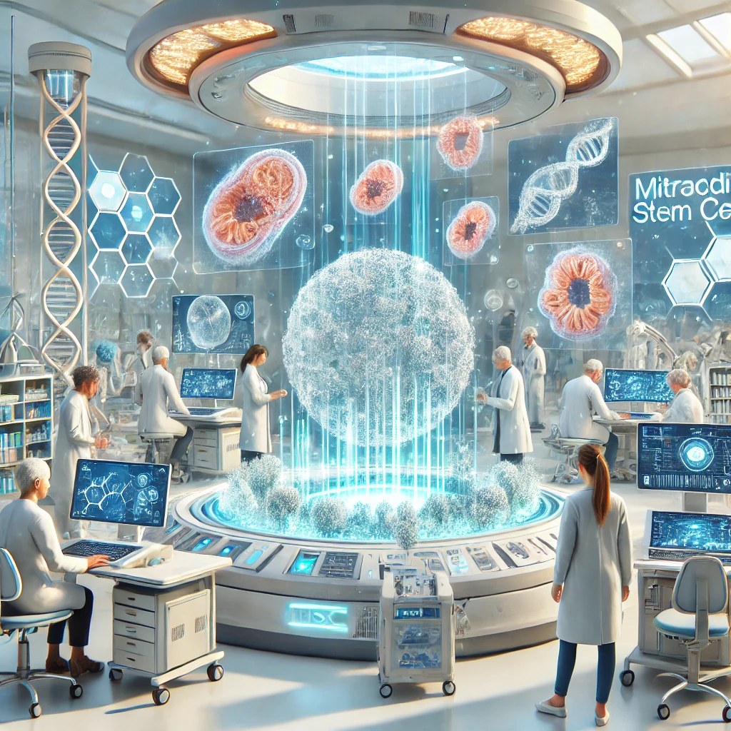 Een hyperrealistische weergave van een futuristisch kankeronderzoekslaboratorium gericht op mitochondriale stamceltherapie (MSCC), met wetenschappers die werken aan geavanceerde apparatuur en holografische displays van mitochondriën en celstructuren.