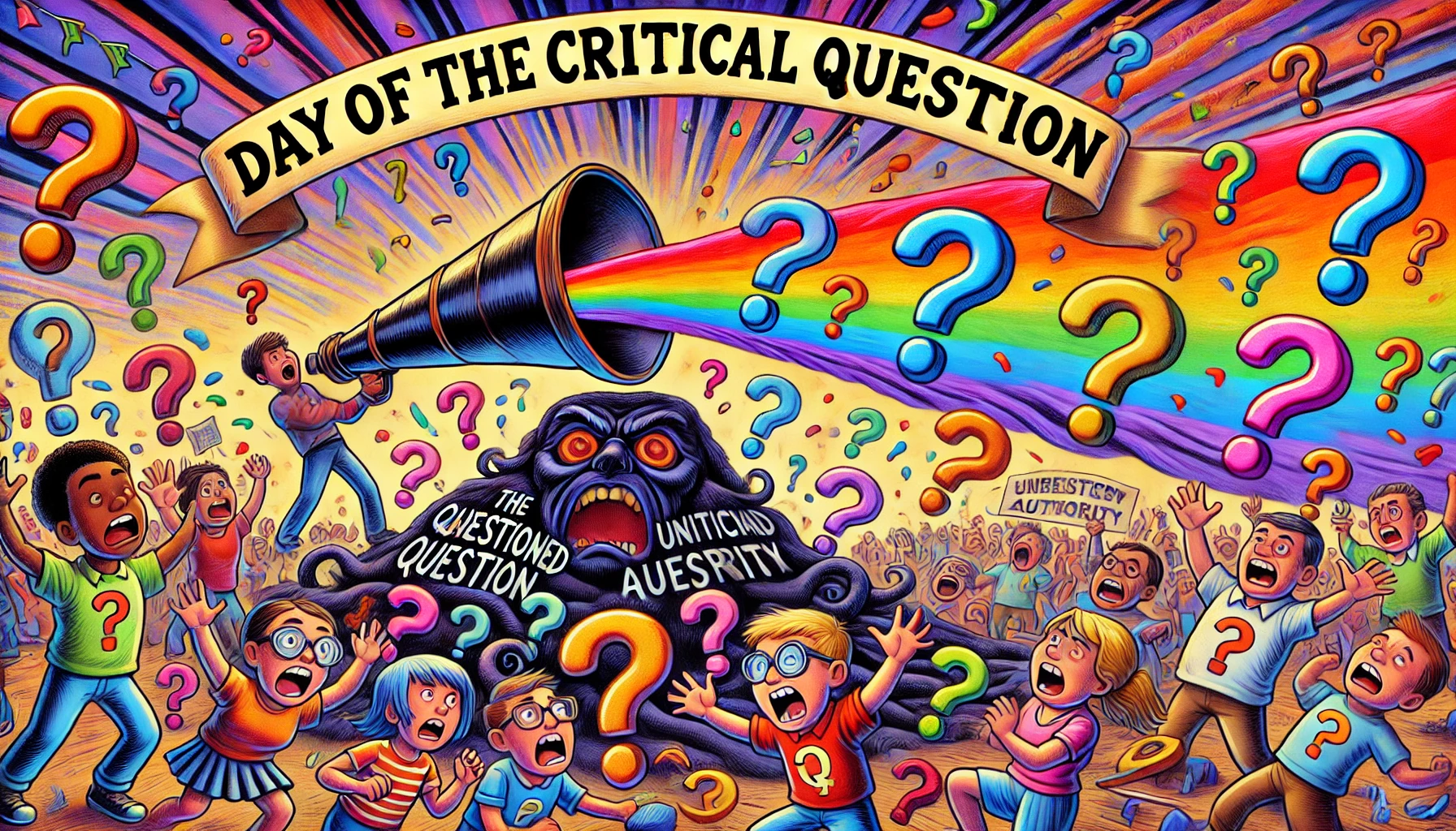 Een groep kinderen gebruikt een enorme megafoon om vraagtekens de lucht in te sturen, terwijl een donkere figuur met de tekst 'Unquestioned Authority' wordt weggespoeld door een golf van kritiek.